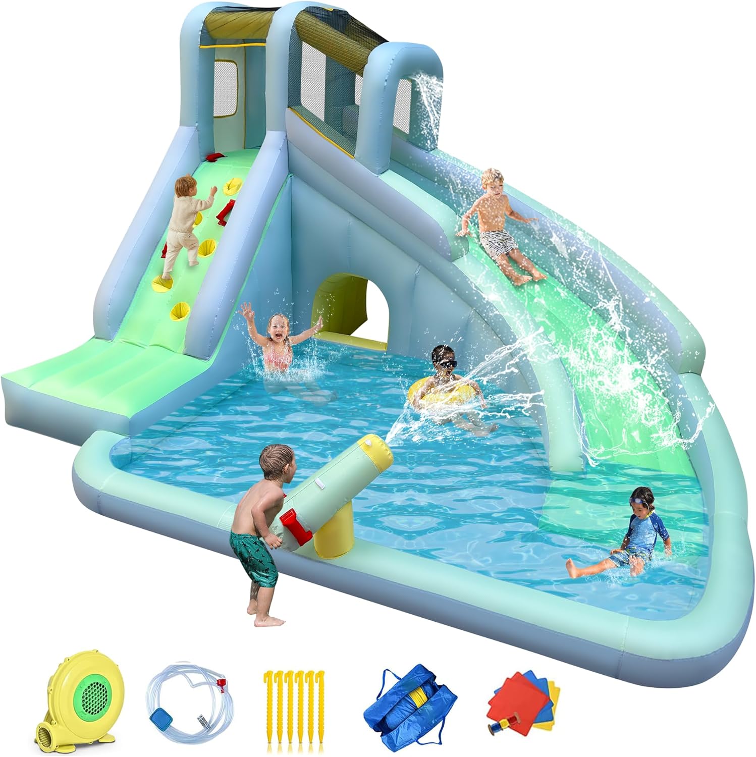 Kids Outdoor House With Slide - 6-in-1 Inflatable Kids Bounce House Water