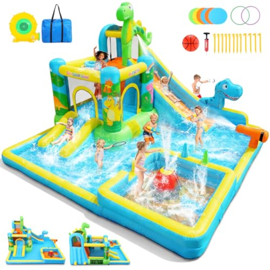 Kids Outdoor House With Slide - Outdoor backyard inflatable water slide: dinosaur-themed