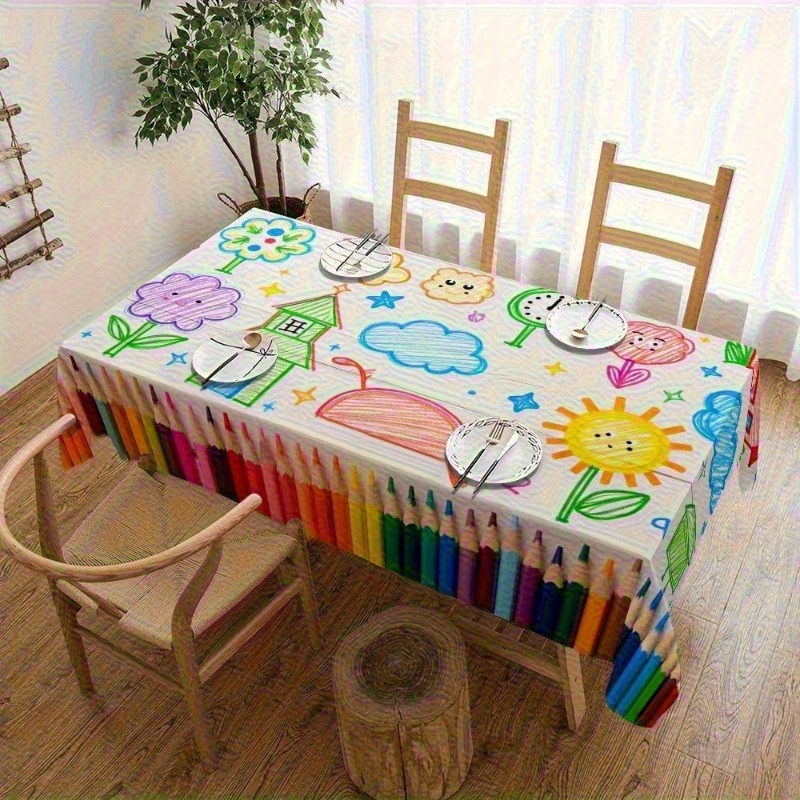 Kids Outdoor Dining Table - 1pc Cartoon Pencil Pattern Tablecloth Multicolor