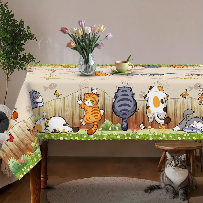 Kids Outdoor Dining Table - VIKAMA Beige Cartoon Cat Tablecloth Playful