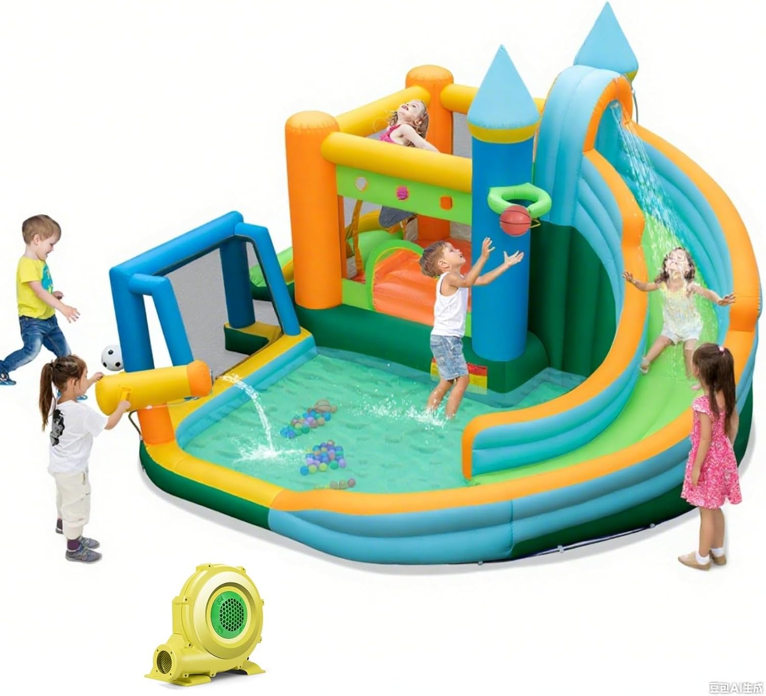 Kids Outdoor House With Slide - 9-in-1 Inflatable Water Slide Bounce House